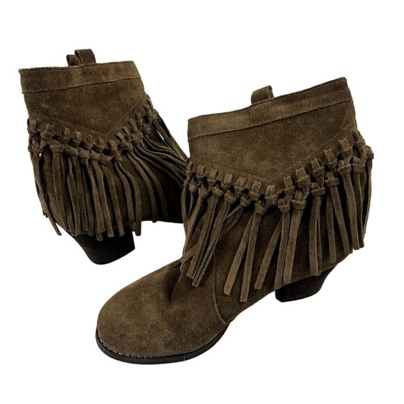 Sbicca Size 7.5 Khaki Sound Suede Leather Fringe Bootie Western Rodeo Heel Boots - Picture 1 of 12